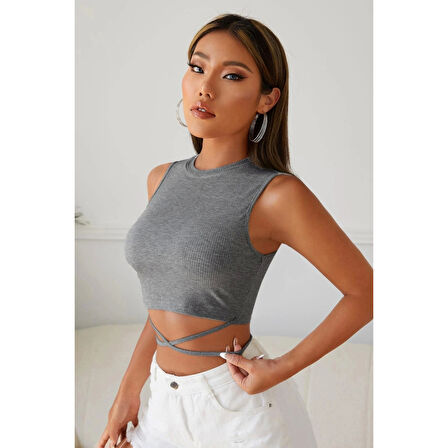 MARSiLYAN- Kadın Gri Çapraz Bağlamalı Crop Top Büstiyer