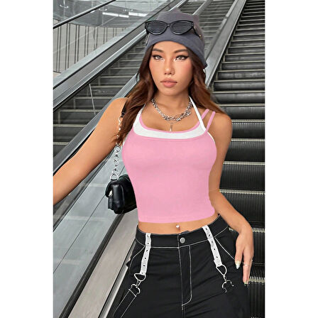 MARSiLYAN- Kadın Pembe Beyaz Çift Renk Çapraz Askılı Crop Top Bluz