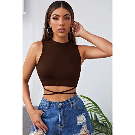MARSiLYAN- Kadın Kahverengi Çapraz Bağlamalı Crop Top Büstiyer