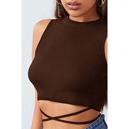 MARSiLYAN- Kadın Kahverengi Çapraz Bağlamalı Crop Top Büstiyer
