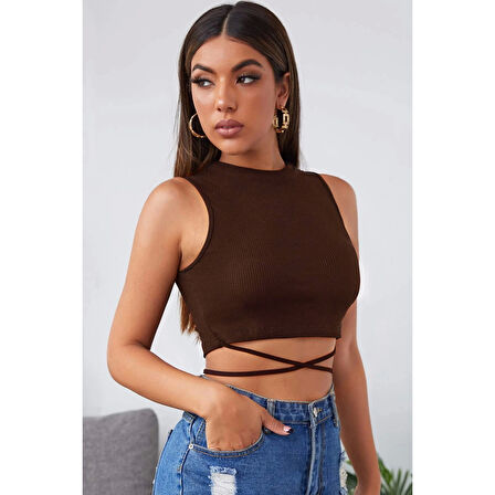 MARSiLYAN- Kadın Kahverengi Çapraz Bağlamalı Crop Top Büstiyer