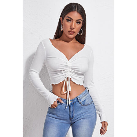 MARSiLYAN- Kadın Beyaz Uzun Kollu Büzdürme Bağcık Detaylı Crop Top Bluz