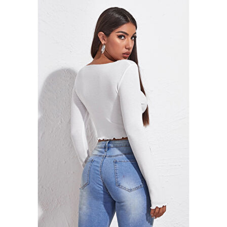 MARSiLYAN- Kadın Beyaz Uzun Kollu Büzdürme Bağcık Detaylı Crop Top Bluz