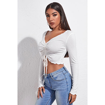 MARSiLYAN- Kadın Beyaz Uzun Kollu Büzdürme Bağcık Detaylı Crop Top Bluz