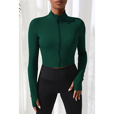 MARSiLYAN- Kadın Yeşil Uzun Kol Fermuarlı Parmak Geçme Detaylı Dik Yaka Crop Top Bluz