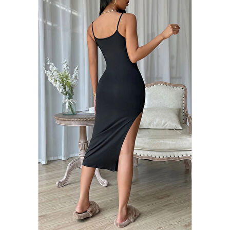 MARSiLYAN- Kadın Siyah Yırtmaçlı Diz Altı Vücüdu Saran Gecelik