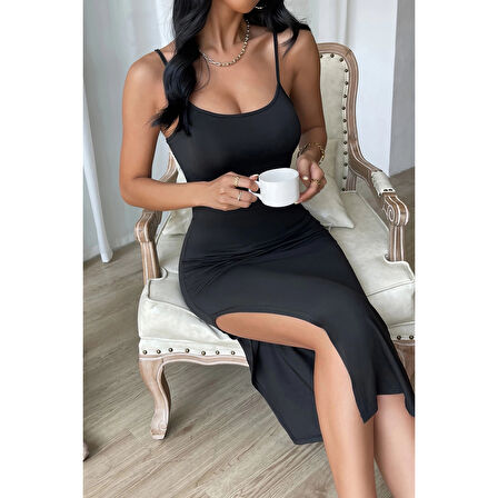 MARSiLYAN- Kadın Siyah Yırtmaçlı Diz Altı Vücüdu Saran Gecelik