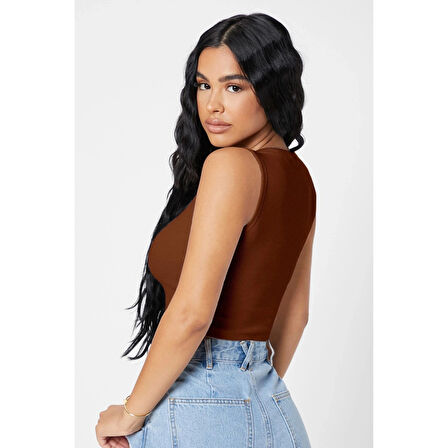 MARSiLYAN- Kadın Kahverengi Kare Yaka Crop Top Bluz