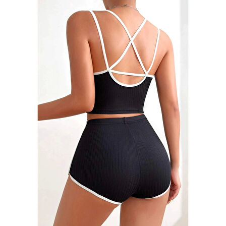 MARSiLYAN- Kadın Siyah Beyaz Çapraz Lastik Detaylı Kaşkorse Şortlu Gecelik Takımı