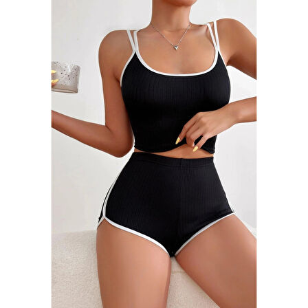 MARSiLYAN- Kadın Siyah Beyaz Çapraz Lastik Detaylı Kaşkorse Şortlu Gecelik Takımı