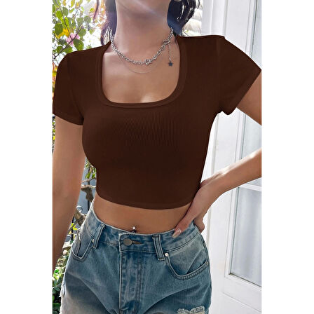 MARSiLYAN- Kadın Kahverengi Yarım Kol Düz Yaka Crop Top Bluz