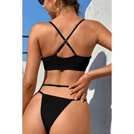 MARSiLYAN- Kadın Siyah File Detaylı Özel Bikini Takımı