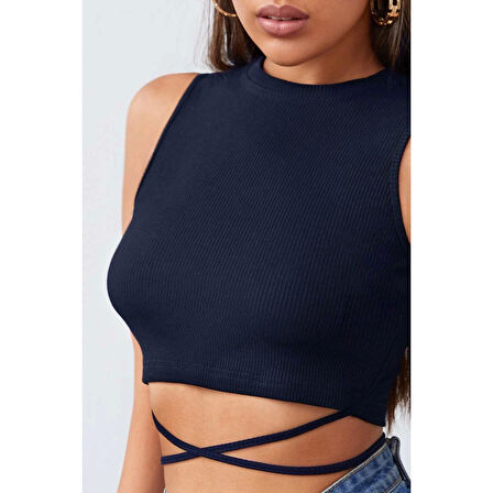 MARSiLYAN- Kadın Lacivert Çapraz Bağlamalı Crop Top Büstiyer