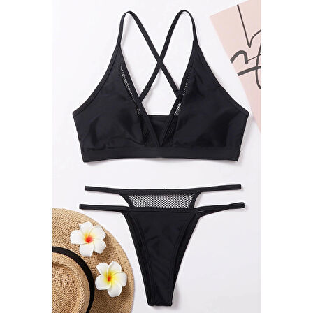 MARSiLYAN- Kadın Siyah File Detaylı Özel Bikini Takımı
