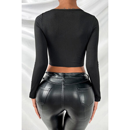MARSiLYAN- Kadın Siyah Göğüs Dekolteli Çapraz Askılı Uzun Kollu Crop Top Bluz