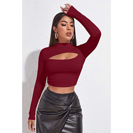 MARSiLYAN- Kadın Bordo Göğüs Dekolteli Uzun Kollu Cut Out Crop Top Bluz