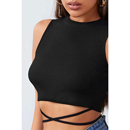 MARSiLYAN- Kadın Siyah Çapraz Bağlamalı Crop Top Büstiyer