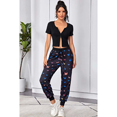 MARSiLYAN- Kadın Siyah Çift Fermuarlı Yarım Kol Crop Top Bluz