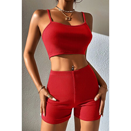 MARSiLYAN- Kadın Kırmızı Şortlu Kaşkorse Gecelik Takım