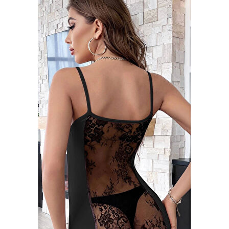 MARSiLYAN- Kadın Siyah Sırt Kısmı Komple Dantelli Mini Gecelik