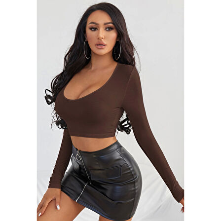 MARSiLYAN- Kadın Kahverengi Uzun Kol Kare Yaka Crop Top Bluz