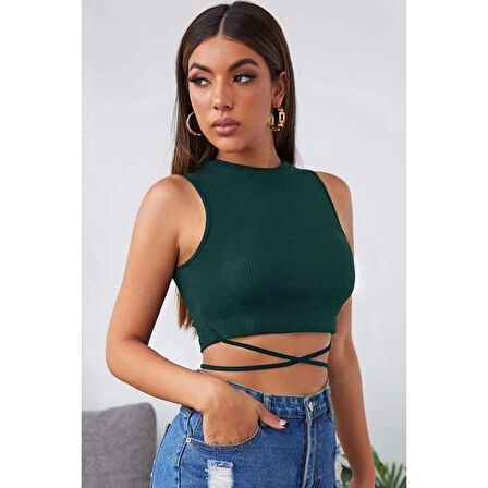 MARSiLYAN- Kadın Yeşil Çapraz Bağlamalı Crop Top Büstiyer