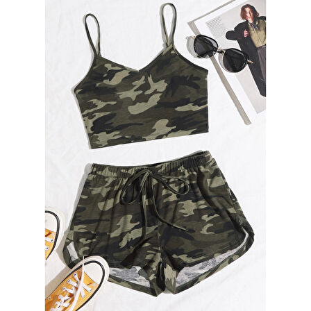 MARSiLYAN- Kadın Kamuflaj Desenli Askılı Crop Top ve Şortlu Gecelik Takım