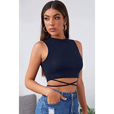 MARSiLYAN- Kadın Lacivert Çapraz Bağlamalı Crop Top Büstiyer