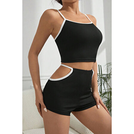 MARSiLYAN- Kadın Siyah Beyaz Şortlu Cut-Out Detaylı Gecelik Takımı