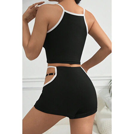 MARSiLYAN- Kadın Siyah Beyaz Şortlu Cut-Out Detaylı Gecelik Takımı