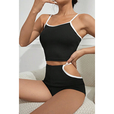 MARSiLYAN- Kadın Siyah Beyaz Şortlu Cut-Out Detaylı Gecelik Takımı
