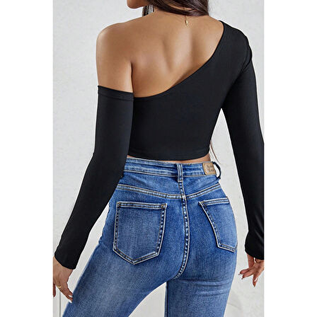 MARSiLYAN- Kadın Siyah Tek Omuz Detaylı Uzun Kol Crop Top Bluz