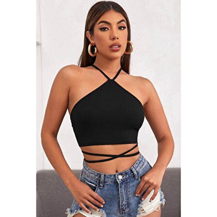 MARSiLYAN- Kadın Siyah Sırtı Açık Boyundan Çapraz Bağlamalı Crop Top Bluz