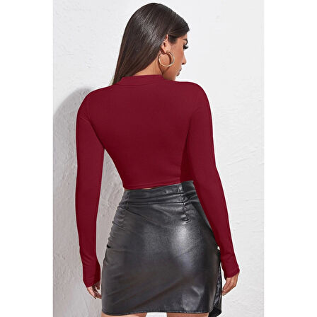 MARSiLYAN- Kadın Bordo Göğüs Dekolteli Uzun Kollu Cut Out Crop Top Bluz
