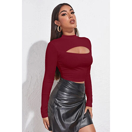MARSiLYAN- Kadın Bordo Göğüs Dekolteli Uzun Kollu Cut Out Crop Top Bluz