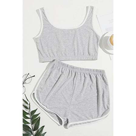 MARSiLYAN- Kadın Gri Askılı Crop Top ve Şortlu Gecelik Takım