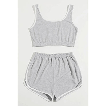MARSiLYAN- Kadın Gri Askılı Crop Top ve Şortlu Gecelik Takım