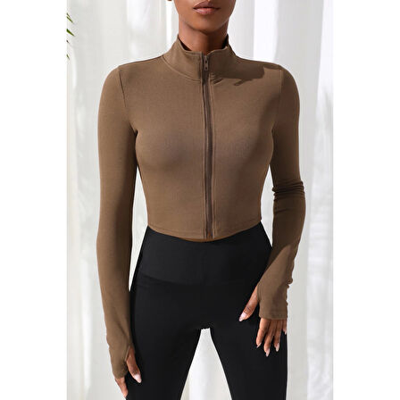 MARSiLYAN- Kadın Kahverengi Uzun Kol Fermuarlı Parmak Geçme Detaylı Dik Yaka Crop Top Bluz