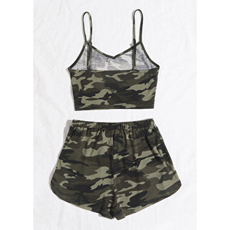 MARSiLYAN- Kadın Kamuflaj Desenli Askılı Crop Top ve Şortlu Gecelik Takım