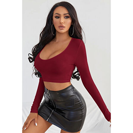 MARSiLYAN- Kadın Bordo Uzun Kol Kare Yaka Crop Top Bluz