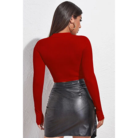 MARSiLYAN- Kadın Kırmızı Göğüs Dekolteli Uzun Kollu Cut Out Crop Top Bluz