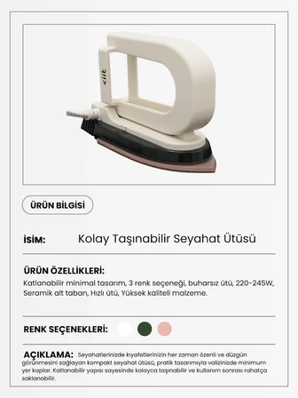Mini Seyahat Ütüsü Küçük Boy Kolay Taşınabilir Beyaz Ütü