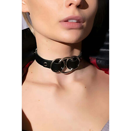 MARSİLYAN- Üçlü Halka Detaylı Ayarlı Şık Deri Choker - APFT681