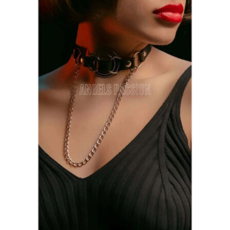 MARSİLYAN- Deri Choker, Deri Tasma, Zincirli Deri Kolye, Halkalı Deri Kolye - APFT588