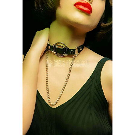 MARSİLYAN- Deri Choker, Deri Tasma, Zincirli Deri Kolye, Halkalı Deri Kolye - APFT588