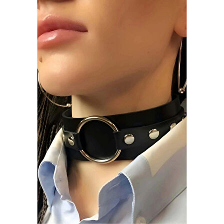 MARSİLYAN- Halka Detaylı Ayarlı Geniş Şerit Şık Deri Choker Boyun Aksesuar - APFT671