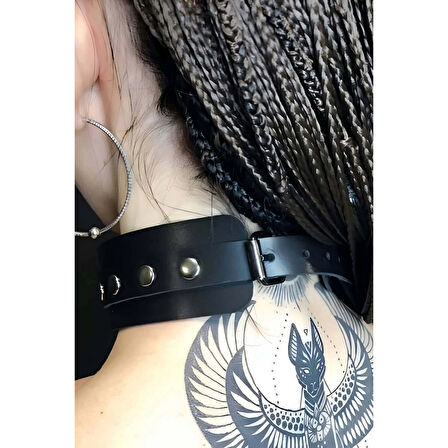 MARSİLYAN- Halka Detaylı Geniş Şerit Ayarlı Şık Deri Choker - APFT671