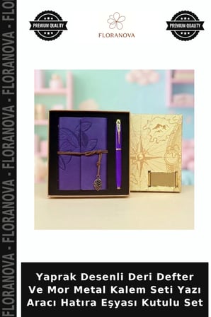 Yaprak Desenli Deri Defter Ve Mor Metal Kalem Seti Yazı Aracı Hatıra Eşyası Kutulu Set