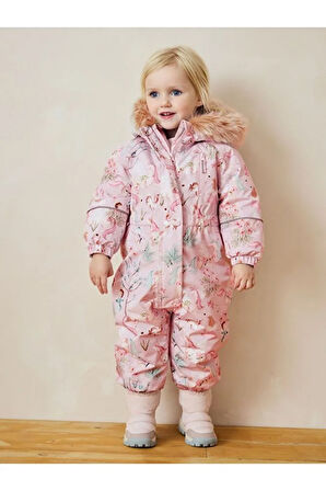 Pembe Unicorn Desenli Tam Polar Astarlı Kapüşonlu Suya Dayanıklı Astronot Tulum