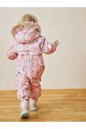 Pembe Unicorn Desenli Tam Polar Astarlı Kapüşonlu Suya Dayanıklı Astronot Tulum